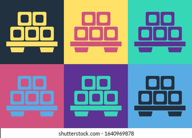 Pop art Sushi on cutting board icon isolated on color background. Asian food sushi on wooden board.  Vector Illustration