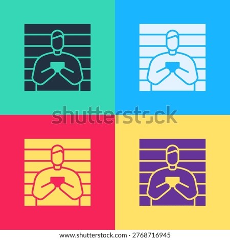 Pop art Suspect criminal icon isolated on color background. The criminal in prison, suspected near the board.  Vector Illustration