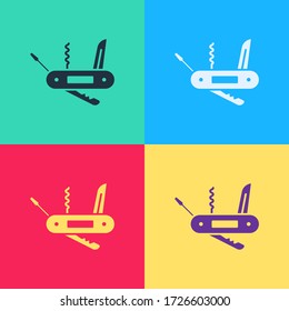 Pop Art Swiss Army Knife Icon Isolated On Color Background. Multi-tool, Multipurpose Penknife. Multifunctional Tool.  Vector Illustration