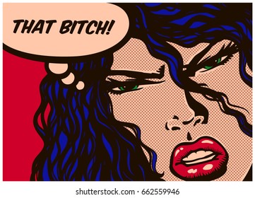 Pop art syle comic book panel with jealous or envious woman and speech bubble vector poster design illustration