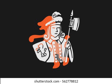 Pop art symbol of man with halberd under geraldic lion.