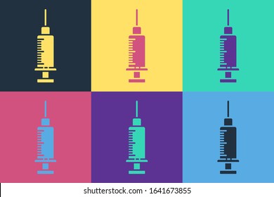 Pop art Syringe icon isolated on color background. Syringe for vaccine, vaccination, injection, flu shot. Medical equipment.  Vector Illustration