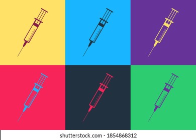 Pop art Syringe icon isolated on color background. Syringe sign for vaccine, vaccination, injection, flu shot. Medical equipment. Vector.