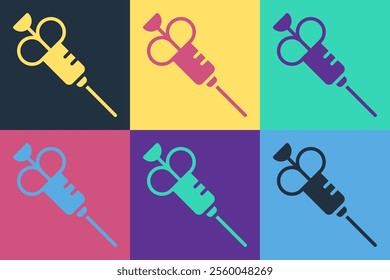 Pop art Syringe icon isolated on color background. Syringe for vaccine, vaccination, injection, flu shot. Medical equipment.  Vector