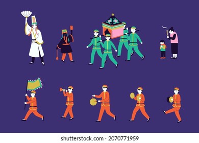 Pop Art Taiwanese Religion Characters Collection, Including Underworld Gods, Religious Sedan, Religious Family, Traditional Music Performers. Isolated On Dark Blue Background