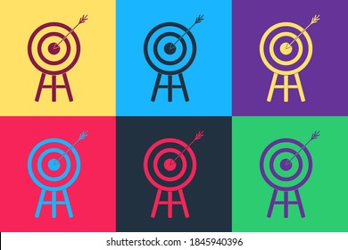Pop art Target with arrow icon isolated on color background. Dart board sign. Archery board icon. Dartboard sign. Business goal concept. Vector.