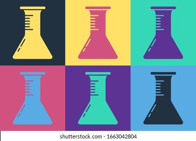 Pop art Test tube and flask icon isolated on color background. Chemical laboratory test. Laboratory glassware.  Vector Illustration