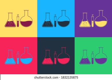Pop art Test tube and flask - chemical laboratory test icon isolated on color background. Laboratory glassware sign. Vector.