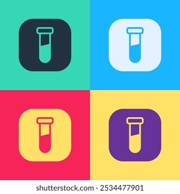 Pop arte Tubo de ensayo y frasco de prueba de laboratorio químico icono aislado en el fondo de color. Signo de cristalería de laboratorio.  Vector