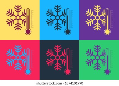 Pop art Thermometer with snowflake icon isolated on color background. Vector.