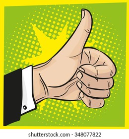 pop art thumb up hand motion vector in modern comic style illustration with vintage background