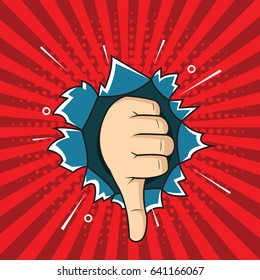 Pop art thumbs down hand sign, bad sign comic style illustration. hand through the hole in paper.