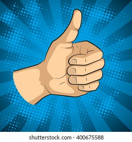 Pop art thumbs up hand sign, like hand gesture, comic style illustration
