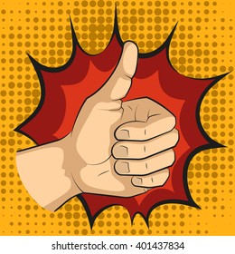 Pop art thumbs up hand sign, like hand gesture, comic style illustration.
