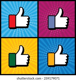 pop art thumbs up & like hand symbol used in social media - vector icons collection set. this also represents appreciation, endorsing, approval, confirmation, vote, recommend, gesture
