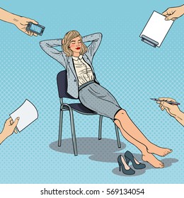 Pop Art Tired Business Woman Relaxing on Chair. Vector illustration