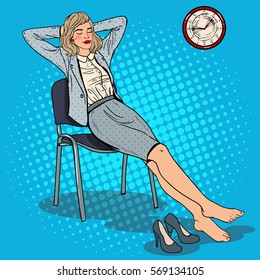 Pop Art Tired Business Woman Relaxing on Chair. Vector illustration