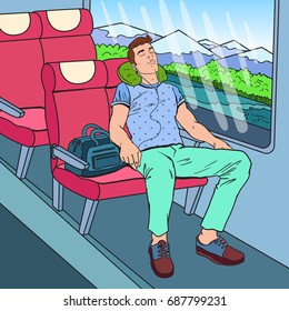 Pop Art Tired Man Sleeping in the Train and Listening Music. Tourism, Summer Travel. Vector illustration