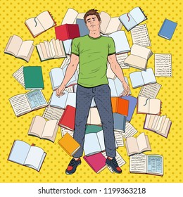 Pop Art Tired Student Lying on the Floor among Books. Overworked Young Man Preparing for Exams. Education Concept. Vector illustration