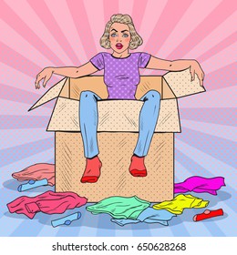 Pop Art Tired Woman in the Box with Different Clothes. Moving to new House. Vector illustration