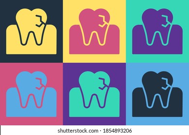 Pop art Tooth with caries icon isolated on color background. Tooth decay.  Vector