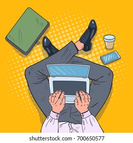 Pop Art Top View Man Sitting with Laptop on the Floor with Cup of Coffee and Smartphone. Vector illustration