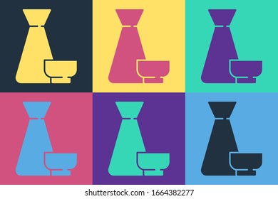 Pop art Traditional Chinese tea ceremony icon isolated on color background. Teapot with cup.  Vector Illustration