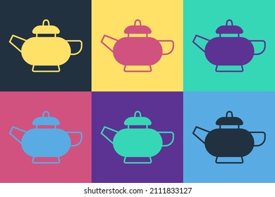 Pop art Traditional Chinese tea ceremony icon isolated on color background. Teapot with cup.  Vector