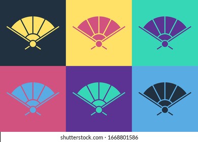 Pop art Traditional paper chinese or japanese folding fan icon isolated on color background.  Vector Illustration