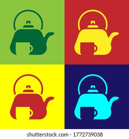 Pop art Traditional tea ceremony icon isolated on color background. Teapot with cup. Vector