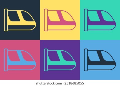 Icono del tren y del ferrocarril del arte Pop aislado en fondo del color. Símbolo de transporte público. Transporte en tren subterráneo. Metro subterráneo.  Vector