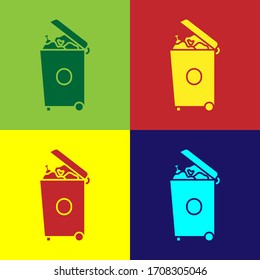 Pop art Trash can icon isolated on color background. Garbage bin sign. Recycle basket icon. Office trash icon. Vector Illustration