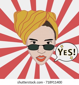 Pop art trendy poster,speech bubble,Yes typography.Girl with sunglasses.Pop Art,50's 80's style.Striped background.Vector fashion illustration.Woman portrait sketch.Comics story.Vector illustration.