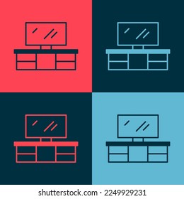 Icono del soporte de mesa de TV de arte pop aislado en el fondo de color.  Vector