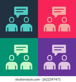 Pop art Two sitting men talking icon isolated on color background. Speech bubble chat. Message icon. Communication or comment chat symbol.  Vector