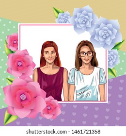 Pop art two women models smiling with casual clothes cartoon on colorful background with flowers ,vector illustration graphic design.