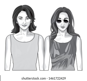 Pop art two women models smiling with casual clothes cartoon isolated, vector illustration graphic design.