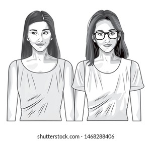Pop art two women models smiling with casual clothes cartoon isolated, vector illustration graphic design.