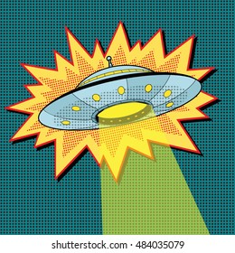 Pop art UFO with light beam, retro vector illustration