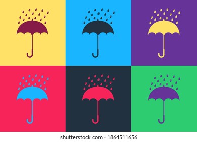 Pop art Umbrella and rain drops icon isolated on color background. Vector.