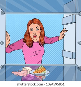 Pop Art Unhappy Hungry Woman Looking In Empty Fridge. Vector Illustration