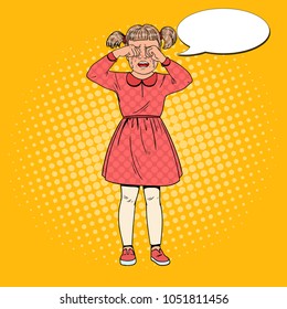 Pop Art Unhappy Little Girl Crying with Tears. Sad Child Facial Expression. Tearful Kid. Vector illustration