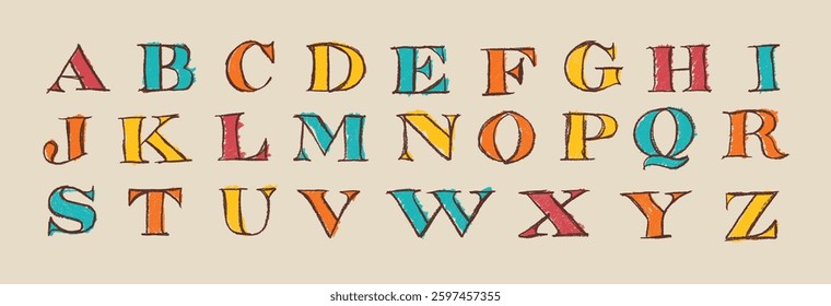 Pop Art Uppercase Serif Font Alphabet Crayon Chalk Style Drawing