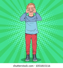 Pop Art Upset Little Boy Crying. Sad Child Cry with Tears. Kid Tearful Facial Expression. Vector illustration