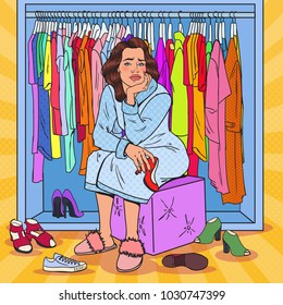 Pop Art Upset Pretty Woman Choosing Shoes in Wardrobe. Female Fashion Clothing. Vector illustration