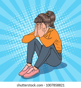 Pop Art Upset Young Girl Sitting on the Floor. Depressed Crying Woman. Vector illustration