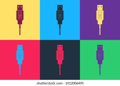 Pop-Art USB-Kabel-Symbol einzeln auf Farbhintergrund. Anschlüsse und Steckdosen für PC und mobile Geräte. Ladegerät für Smartphones. Vektorgrafik.