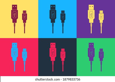 Pop Art USB Micro Kabel Symbol einzeln auf Farbhintergrund. Anschlüsse und Steckdosen für PC und mobile Geräte. Ladegerät für Smartphones. Vektorgrafik.