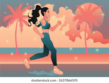 Pop Art Vaporwave: Woman Running by the Sea with Shining Stars	