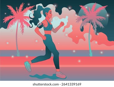 Pop Art Vaporwave: Woman Running by the Sea with Shining Stars	